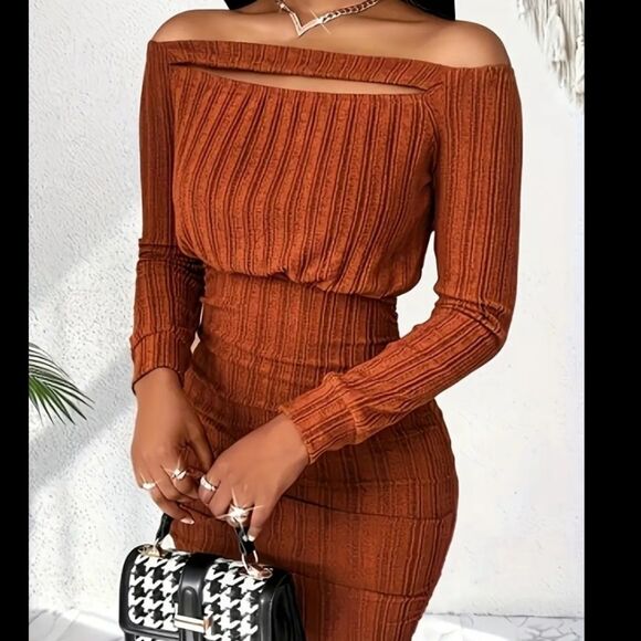 Elegant Off-Shoulder Brown Dress Sz Small - Picture 4 of 8